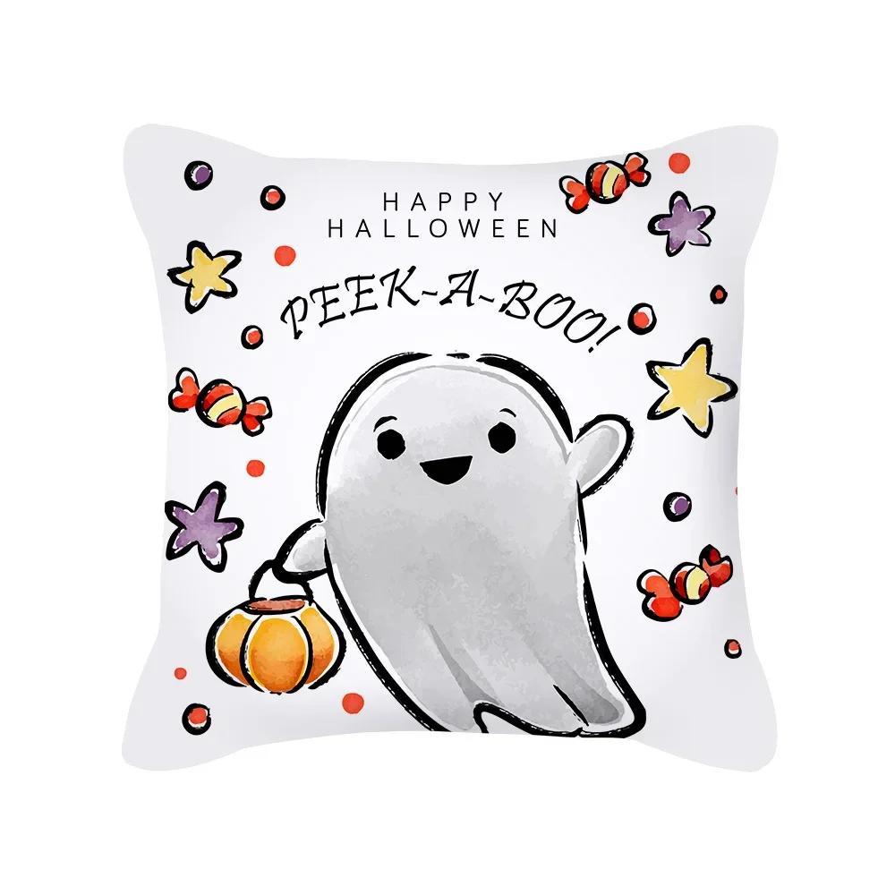 Halloween Cartoon Black Cat Ghost Pumpkin Print Cushion Cover For Home Living Room Sofa Decoration Square Pillowcase