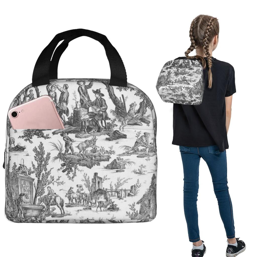 Black And White Toile De Jouy Insulated Lunch Bag for Women Children Leakproof Food Boxes Thermal Lunch Box Tote