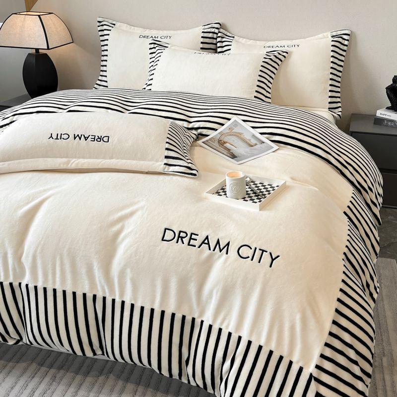 Luxurious Embroidered Milk Velvet 4-Piece Bedding Set - Winter Double-Sided Flannel with Thick Duvet and Coral Fleece Sheets