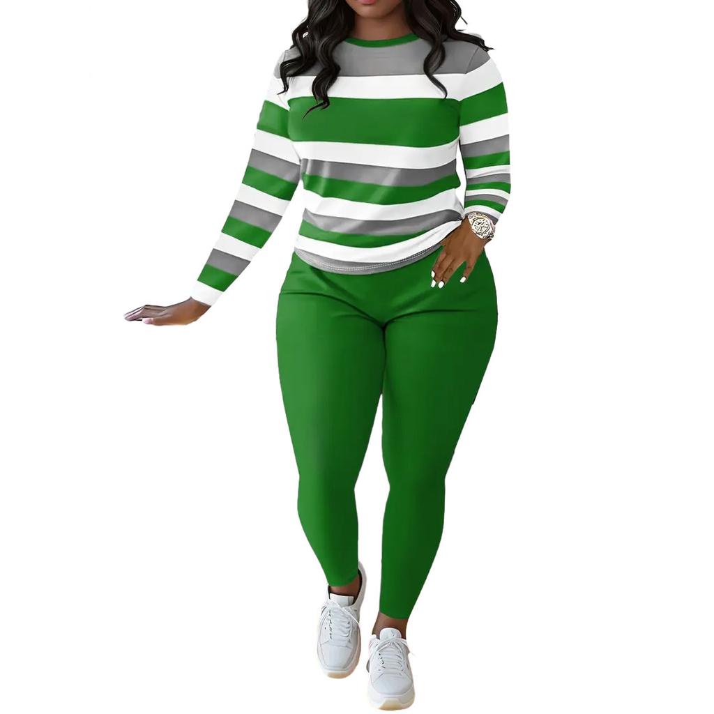 Women Striped Long Sleeve Top and Solid Color Pants Tracksuit Set Casual Two Piece Outfit