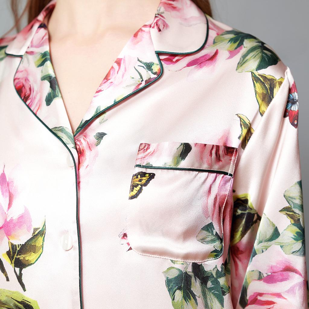 19 Momme 100% Mulberry Silk Rose Print Long Sleeve Women's Home Suit Set Pajamas