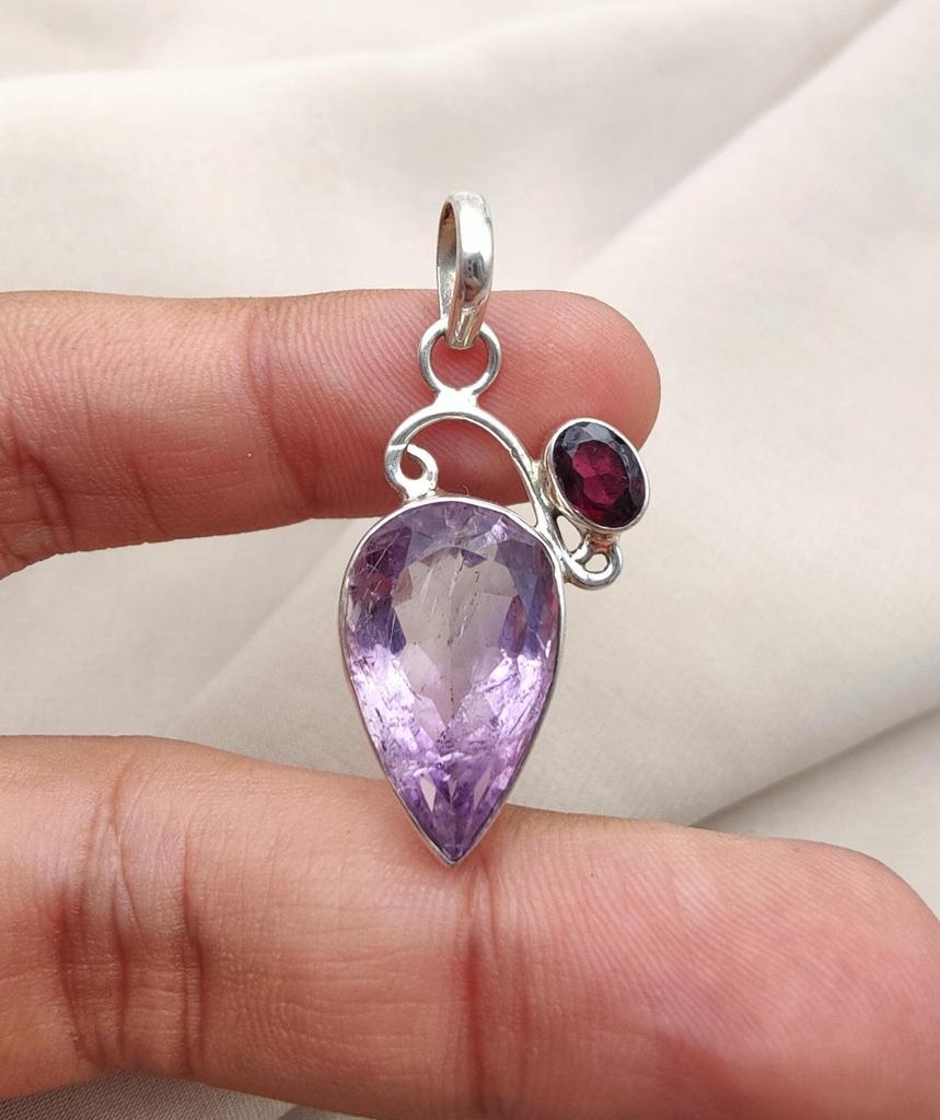 Amethyst Garnet Pendant: Teardrop Sterling Silver Gemstone Jewelry