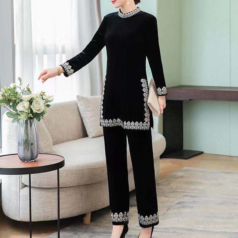 Women Gold Velvet Suit Spring Fashion Pullover Tops and Full Pants Two Piece Set Female Velvet Pants Set