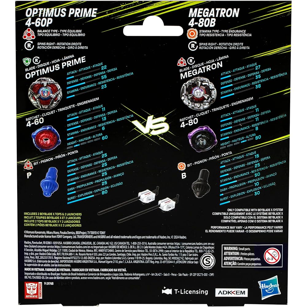 Beyblade X Transformers Optimus Prime 4-60P Megatron 4-80B Multi-Pack Set 2 Tops & 2 Launchers Battle Toy for Kids
