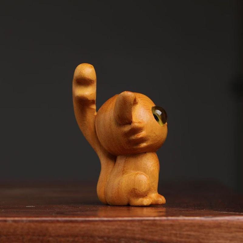 solid wood carving Cartoon Animal Kitten Decorative Small Model Chinese Characteristic Figurines Room car Ornaments