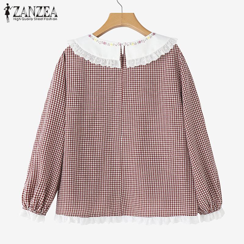 ZANZEA Women Casual Patchwork Doll Collar Loose Long Sleeve Plaid Blouse