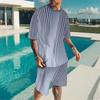 Men Grey White Vertical Thin Stripe Short Sleeve Tee And Matching Shorts Two Piece Suit