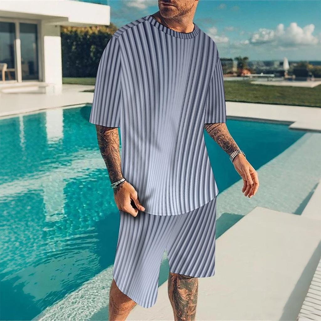 Men Grey White Vertical Thin Stripe Short Sleeve Tee And Matching Shorts Two Piece Suit