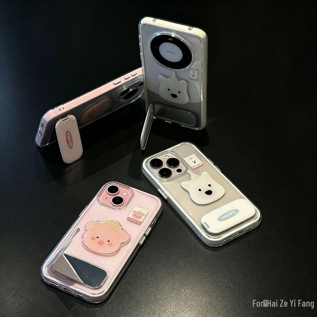 2-in-1 Cartoon Puppy Mirror Stand for Apple, Huawei, Vivo, Xiaomi, Oppo Phone Transparent Case