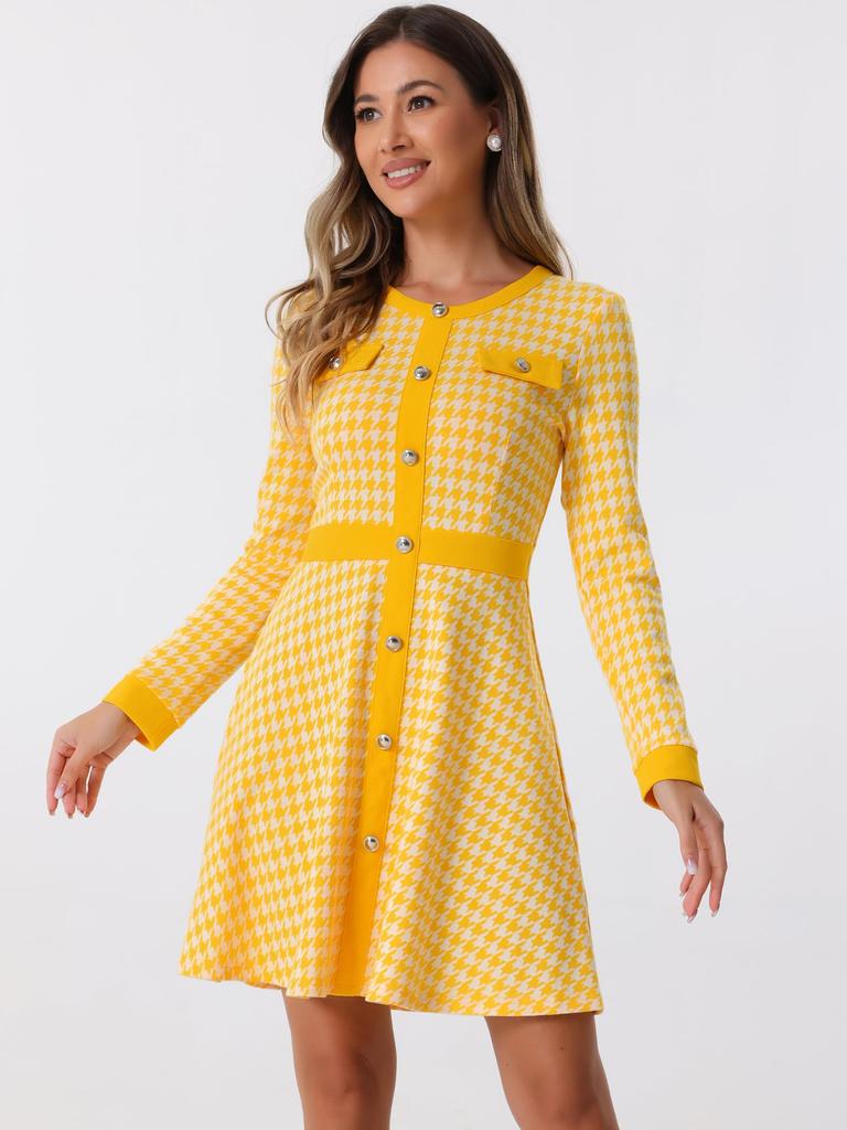 Allegra K Checkered A-Line Dress with Contrast Colors, Crew Neck, Button Front, Elegant, Women's, Yellow, Size S