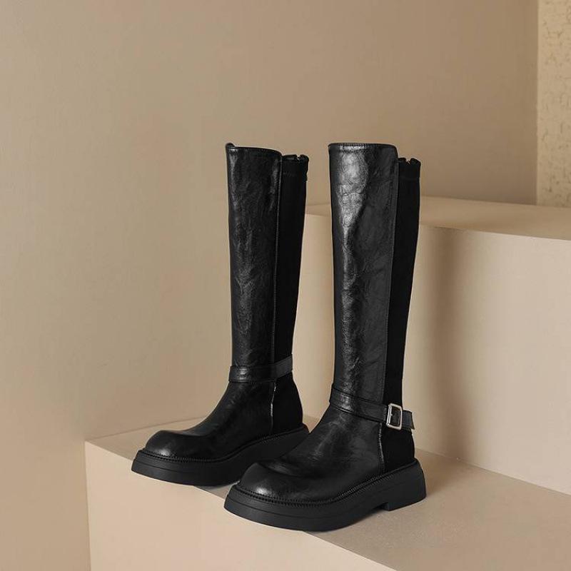 Autumn and winter thick-soled round-headed women's Martin boots solid color large-size rear zipper new comfortable and non-slip medium-heeled high b