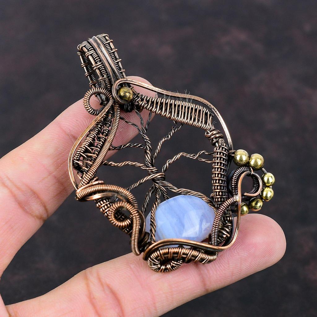 Tree Of Life Blue Lace Agate Pendant Copper Wire Wrapped Pendant Handmade Gemstone Pendant Copper Jewelry Gift For Mom Unique Design Pendant