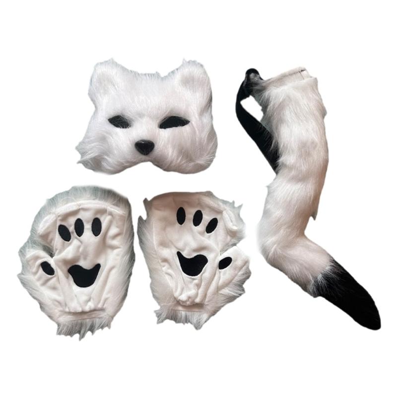 Cats Costumes Cosplay Half Face Cats Mask Cats Paws Gloves Cats Tail Set Halloween Animal Fancy Costume Accessories Kit