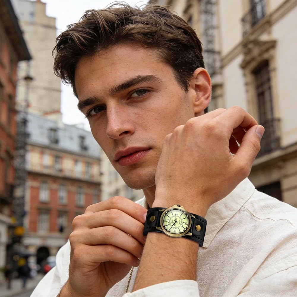 JewelryWe Antique Style Unisex Watch Retro Dial Frame Leather Alloy Brown Gift for Birthdays and Children's Day