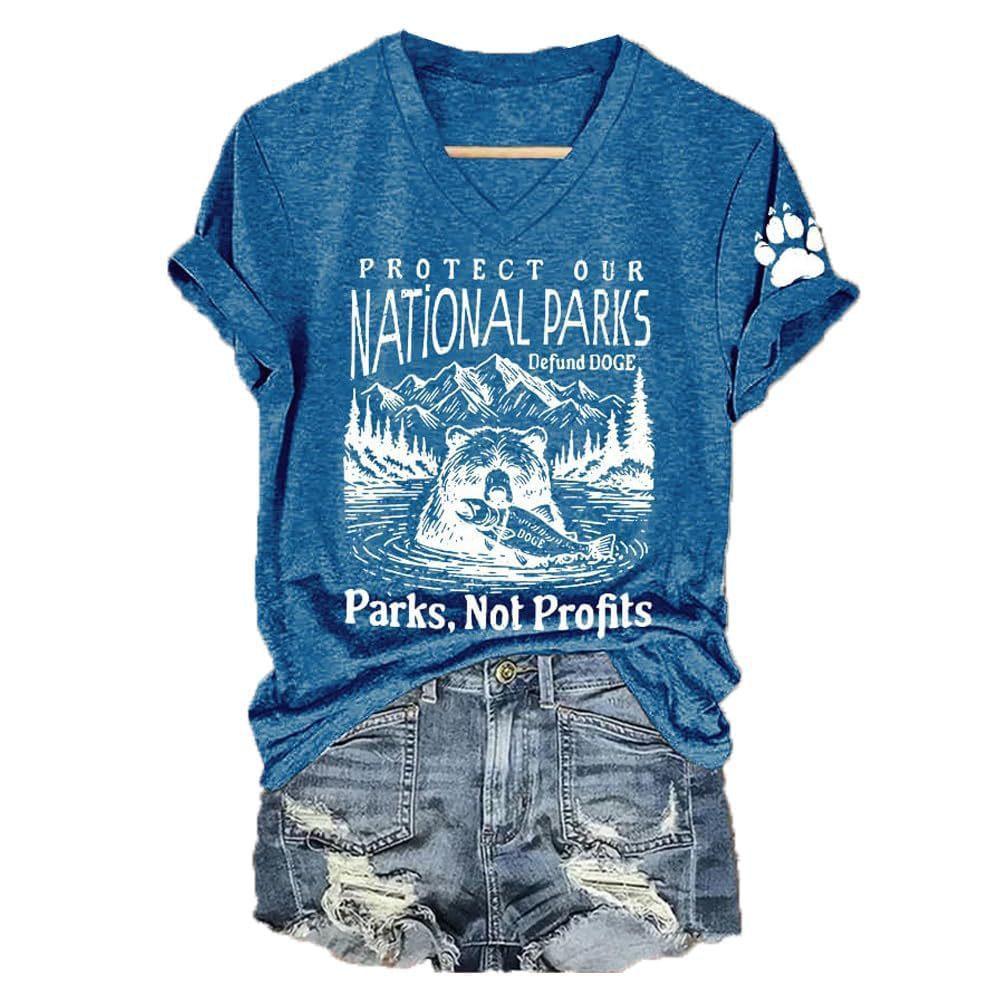 Summer V-neck 3D Letter Bear Printed Top Fashionable Casual Short Sleeved Women's T-shirts