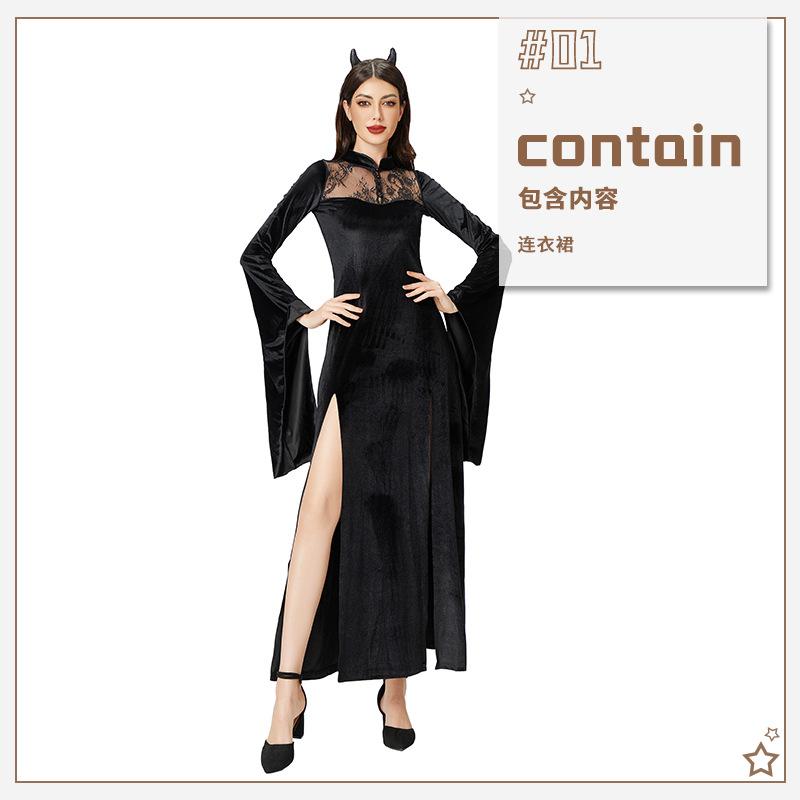 Dark Goth Halloween Costume Black Dress Witch Sexy Lace Medieval Maxi