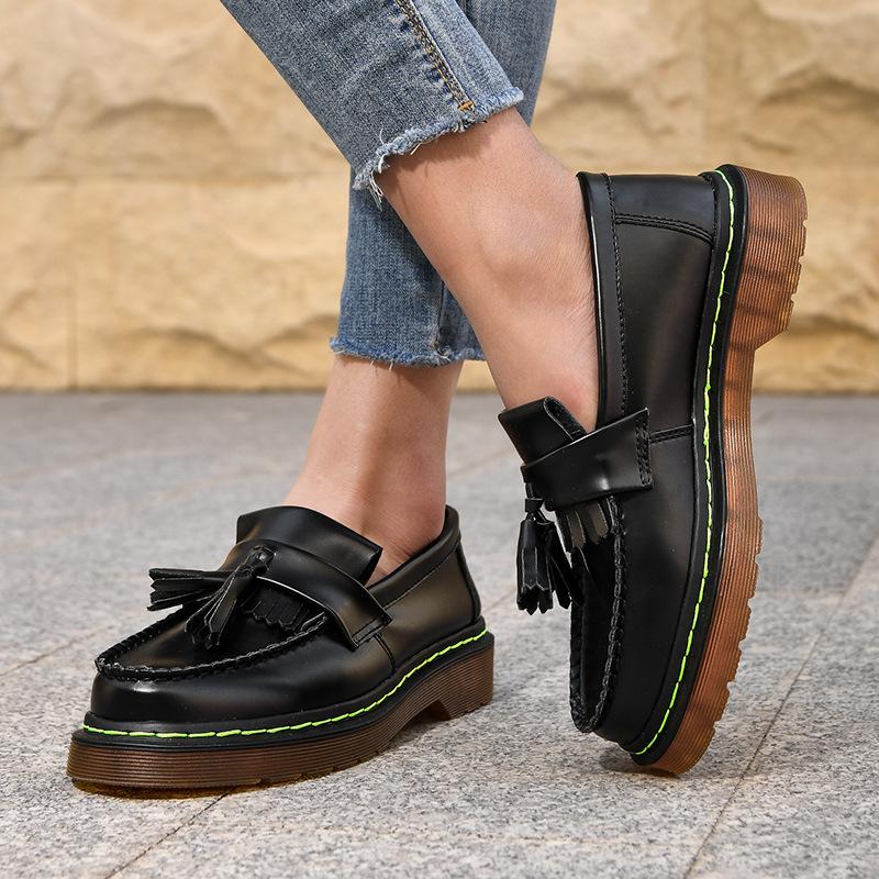 Foreign Trade Patent Leather Fringed Loafers Women's Large Size Martin Boots Women's Explosive Tooling Boots Student Height-increasing Leather Shoes