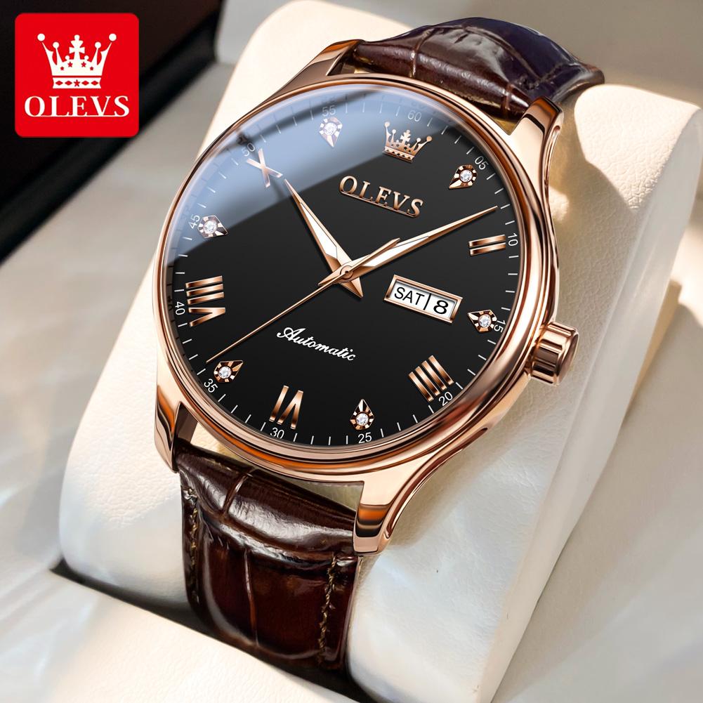 OLEVS Men's Watches Casual Trend Leather Strap Original Self-winding Mechanical Wristwatch for Man Waterproof Luminous Date Week