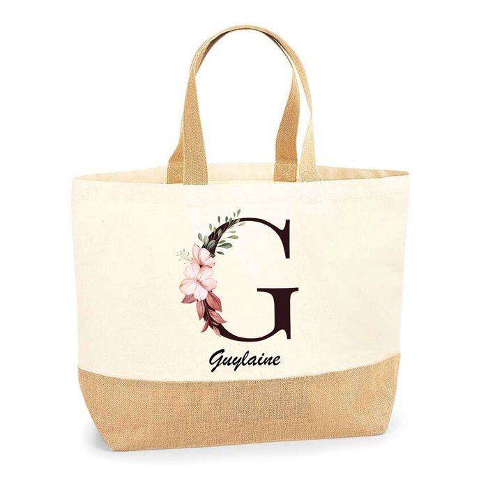 Tote bag en jute - PLANETEE - Guylaine Lettre Fleur - Multicolore - Jute naturel - Fabriqué en France