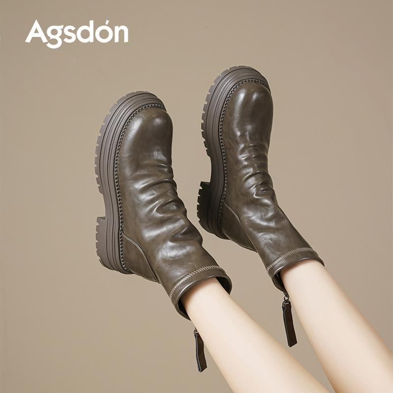 Augustine Brown Martin Boots Women's 2025 New Autumn and Winter Small Skinny Pile Boots Thick-soled Medium Boots Short Boots