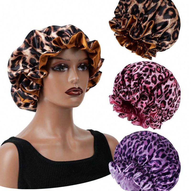 1PC Hair Bonnet Printed Leopard Double Layer Satin Splicing Hair Bonnet For Sleeping For Curly And Straight Hair