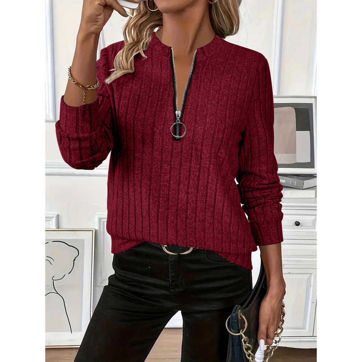 

Осінньо-зимова жіноча трикотажна футболка з рубчиком, однотонна, на блискавці, з довгим рукавом S бордовий