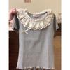 Women's Pure Cotton Lace Collar Ruffle Bow Short Sleeve Top