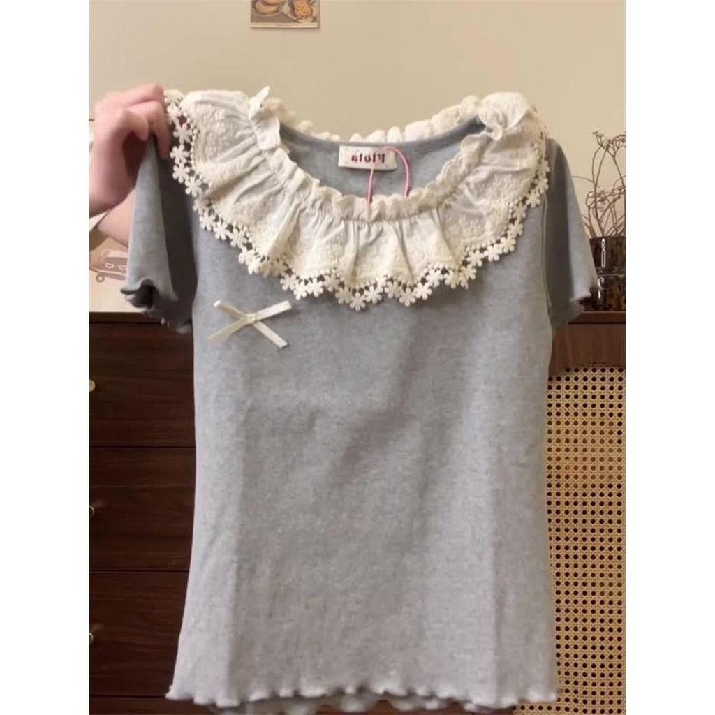 Women's Pure Cotton Lace Collar Ruffle Bow Short Sleeve Top