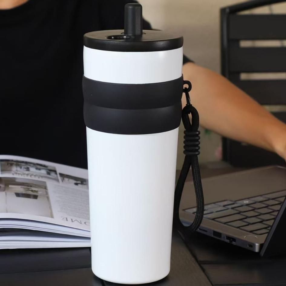 700ml/23oz Travel Thermos with Straw and Leak-Proof Lid, Stainless Steel Metal Water Bottle for Hot and Cold Coffee Drinks