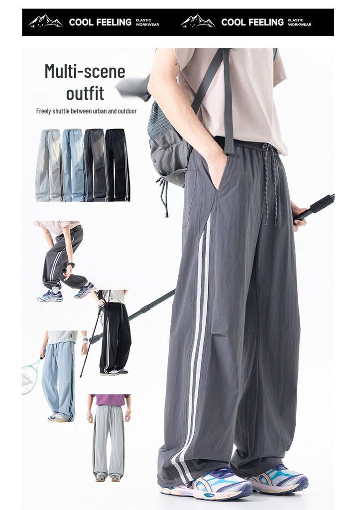 Men's American Outdoor Striped Drawstring Wide-Leg Summer Pants - Breathable, Loose, Straight-leg, Casual Sportswear