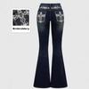 Damen Jeans mit mittlerer Leibhöhe Bootcut Slim Fit Mittlere Dehnbarkeit Kreuzstickerei Strasssteine Dunkel gewaschene Denim Hose Western Herbst Schlaghosen