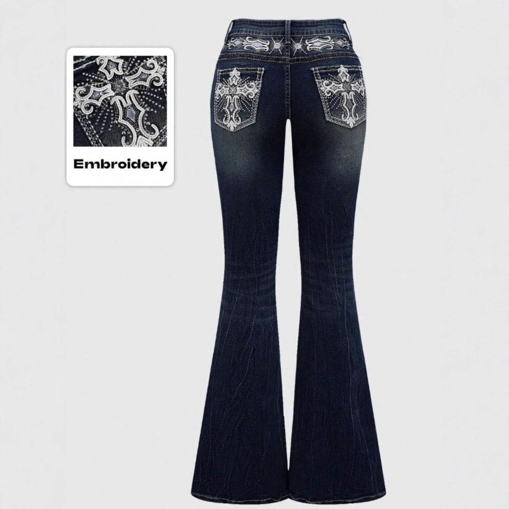 Damen Jeans mit mittlerer Leibhöhe Bootcut Slim Fit Mittlere Dehnbarkeit Kreuzstickerei Strasssteine Dunkel gewaschene Denim Hose Western Herbst Schlaghosen