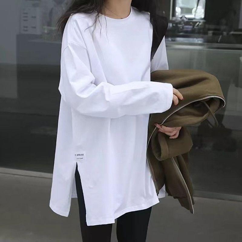 

2022 Spring & Fall Winter Bottoming Shirt Women Fleece-lined Bandage Dress Sweatshirt Inner Match Mid-Length Loose Long Sleeves T-Shirt Tops White XL