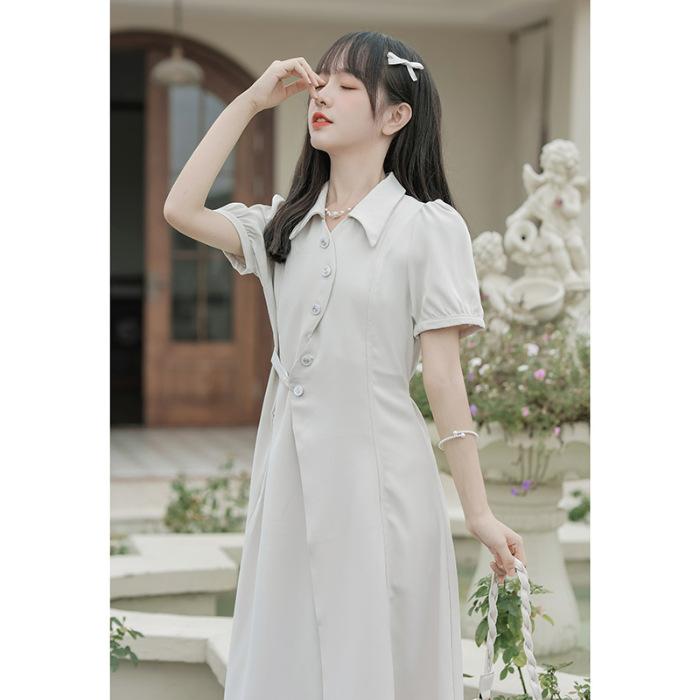 French sweet waist and thin temperament dress, summer new gentle wind design sense niche shirt medium and long dress S абрикосовый