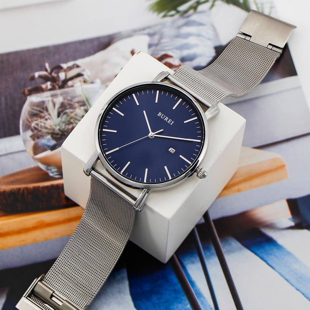 Simple Stylish Brand Popular Ultra Thin Lightweight Analog Watch Business Waterproof Quartz Arm Watch Silver Blue [BUREI] Men's Men's -