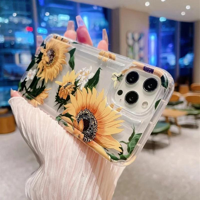 Floral Flower Sunflower Painted Clear Phone Case For iPhone 14 11 15 Pro Max 12 13 XR X XS SE  7 8 Plus Cases Airbag Cover