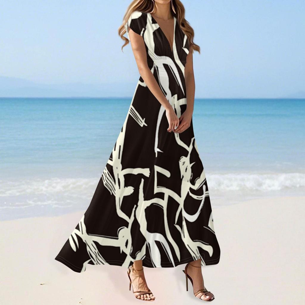 Maxi Abito Da Donna Vita Alta Scollo A V Profondo Abiti Stampati Abito Estivo Svasato Da Spiaggia Abiti Estivi Retrò