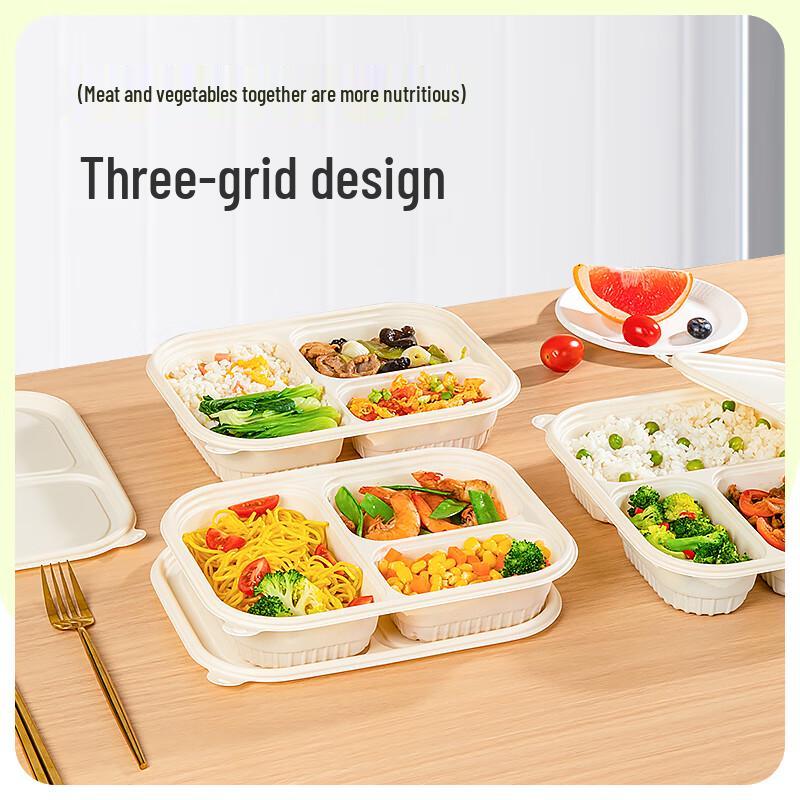 Temeiju 3-Compartment Corn Starch Disposable Lunch Box (50 Sets)