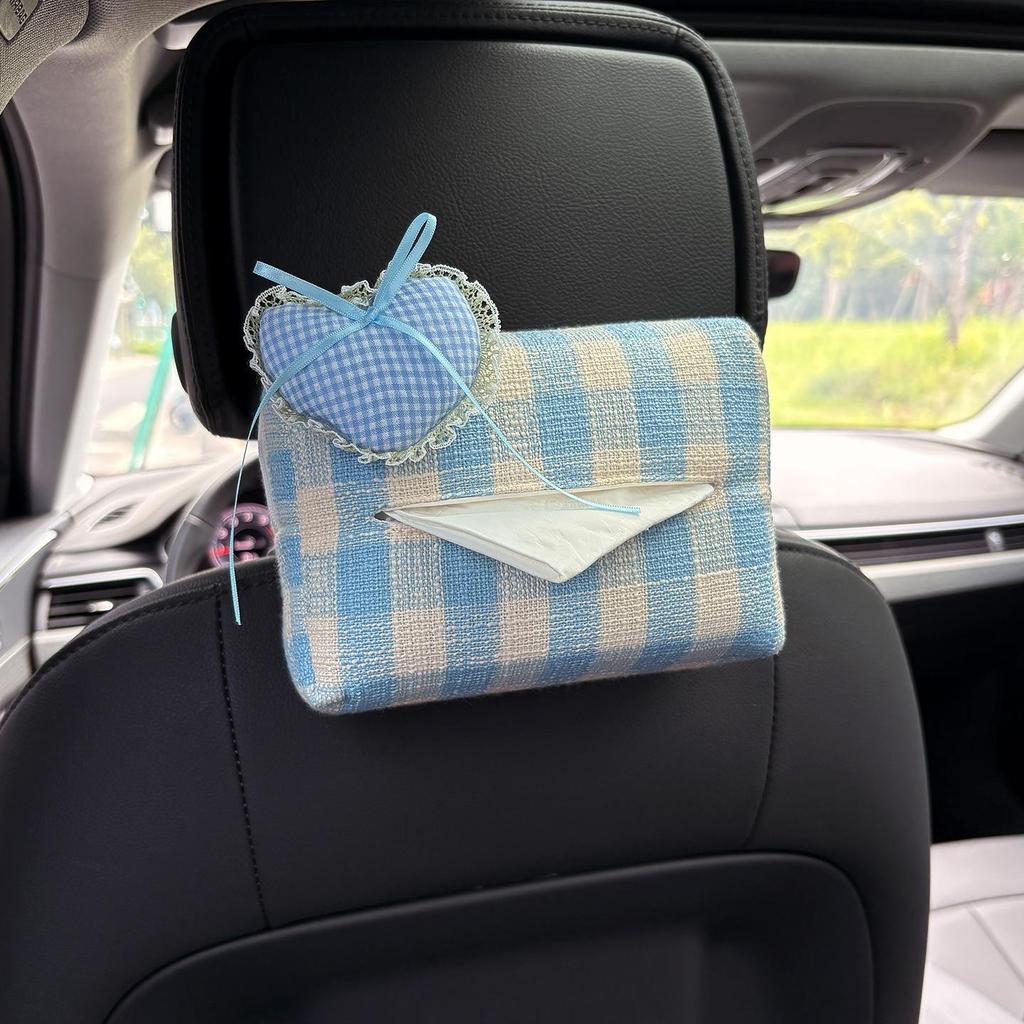 Cartoon Bear & Bunny Plaid Tissue Box for Car Seat Back, Armrest, or Sun Visor