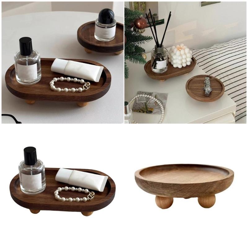 Wooden Vanity Organizers Jewelry Perfume Bottle Tray Wood Pedestal Stand Dish Household Decors For Bathroom And Bedroom