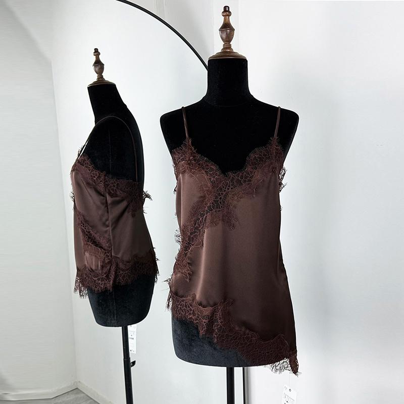 

Атласні Топи з Мереживною Вставкою Жіноча Майка 2025 Сексуальний V-подібний Виріз Без рукавів Асиметричний Приталений Кроп-Топ Майка з Оздобленням Y2K XS