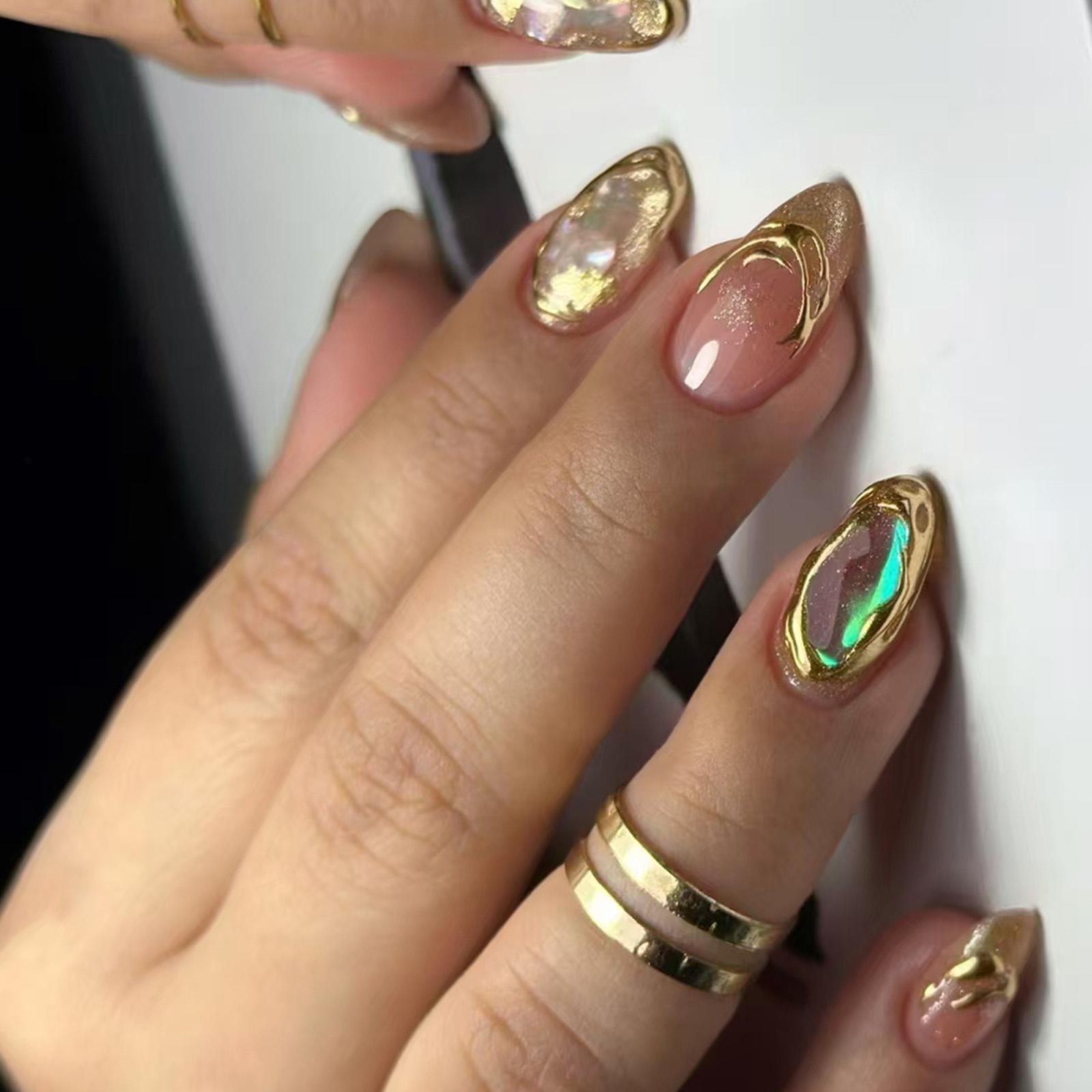 

24 Pcs Almond Shape False Nail Gold Quicksands Press On Nail Acrylic Nail Glittering Full Cover Stick on Nail for Woman