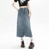 Women's High Waist A-Line Denim Midi Skirt with Slit and Pockets