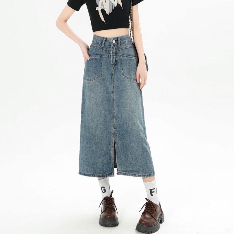 Women's High Waist A-Line Denim Midi Skirt with Slit and Pockets