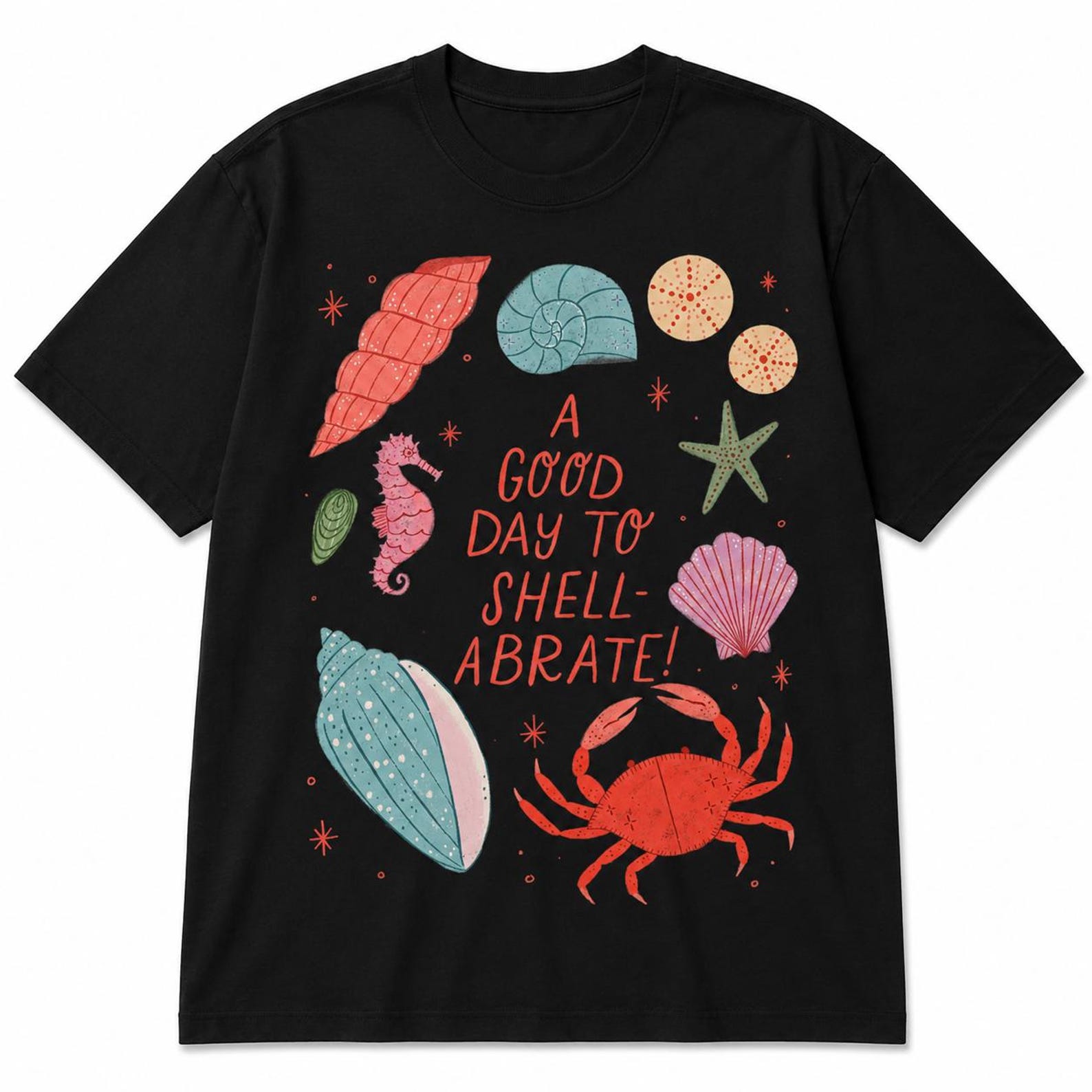Beach Tee | Seashells, Starfish, Crab Graphic Summer Shirt 3XL