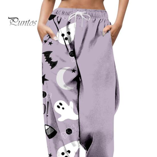 Women Sweatpants Elastic High Waist Adjustable Drawstring Joggers Pants Halloween Pumpkin Print Fitness Pants