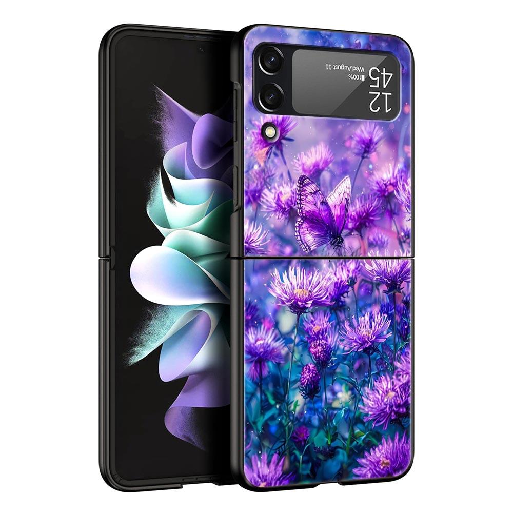 Art Purple Butterfly Hard PC Phone Case For Samsung Galaxy Z Flip 7 6 5 4 Black Cover For Galaxy Z Flip 3 Foldable Shell Fundas