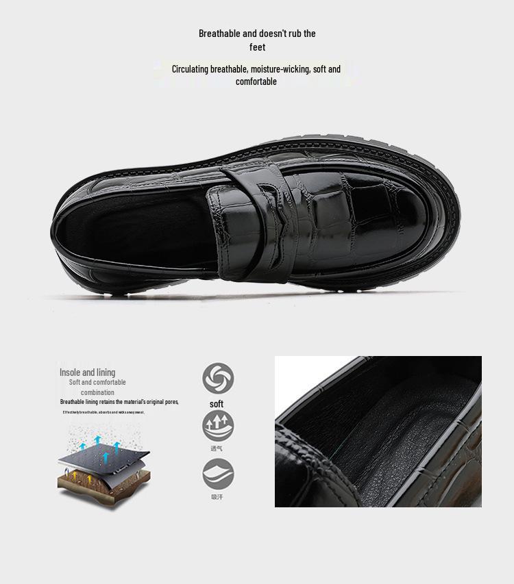Men's Large Leather Slip-On Loafers, Thick-Soled Height-Increasing Casual Shoes for Youth.