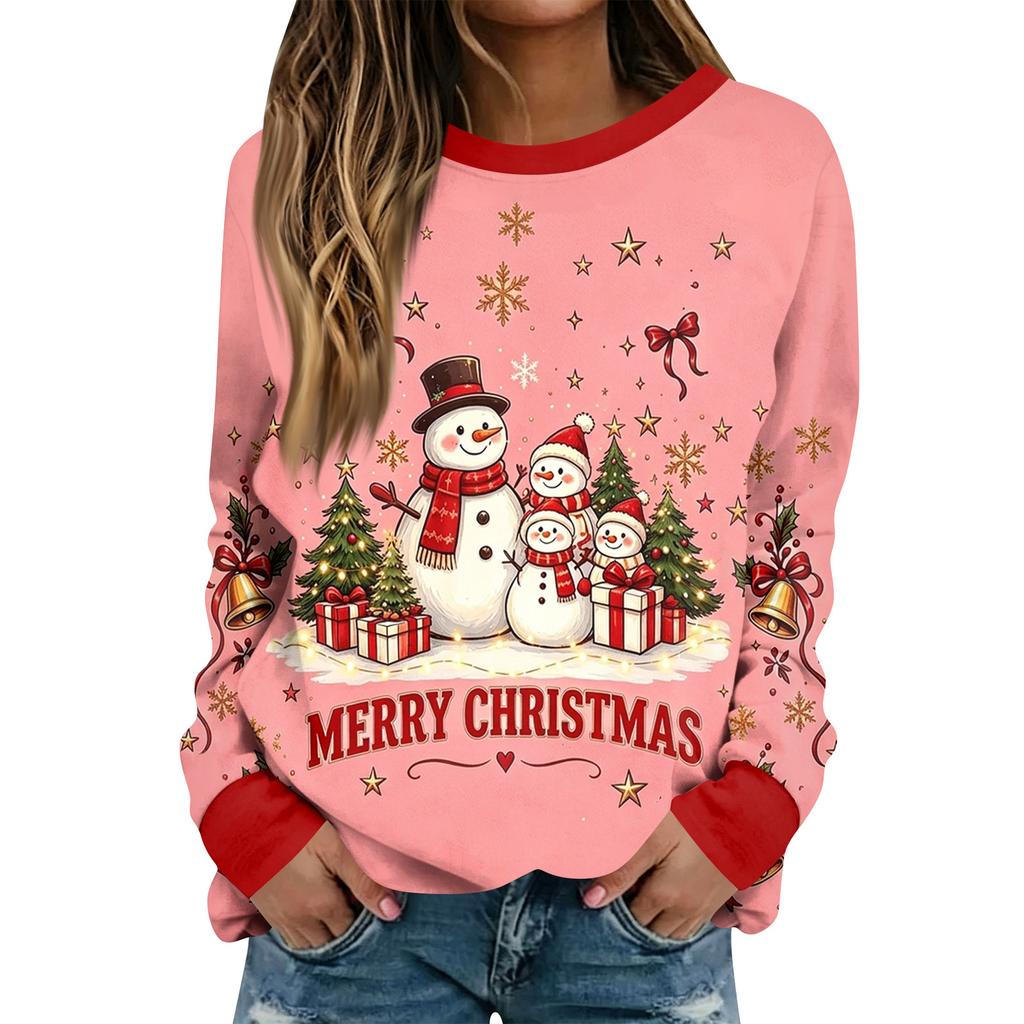 Women's Casual Christmas Print Long Sleeve Neck Top for Holiday and Everyday Wear
