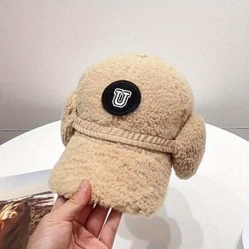 New Style Unisex Baseball Cap for Winter, Thickened And Warm with Ear Protection, Versatile Embroidered U Letter Plush Flat Cap.